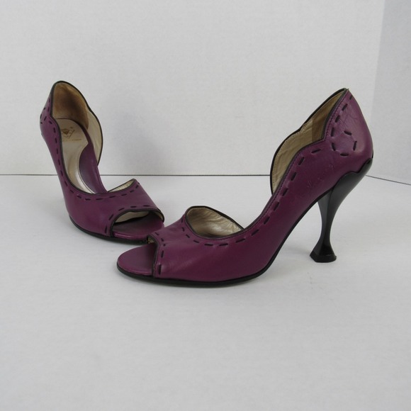 John Fluevog Hepburn Purple Leather Black Stitching Pumps Heels Open Toe - Picture 11 of 13